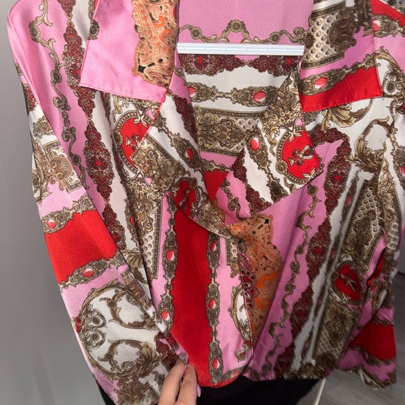 Pink & Red Baroque Print Satin Blouse bodysuit - Picture 2 of 4